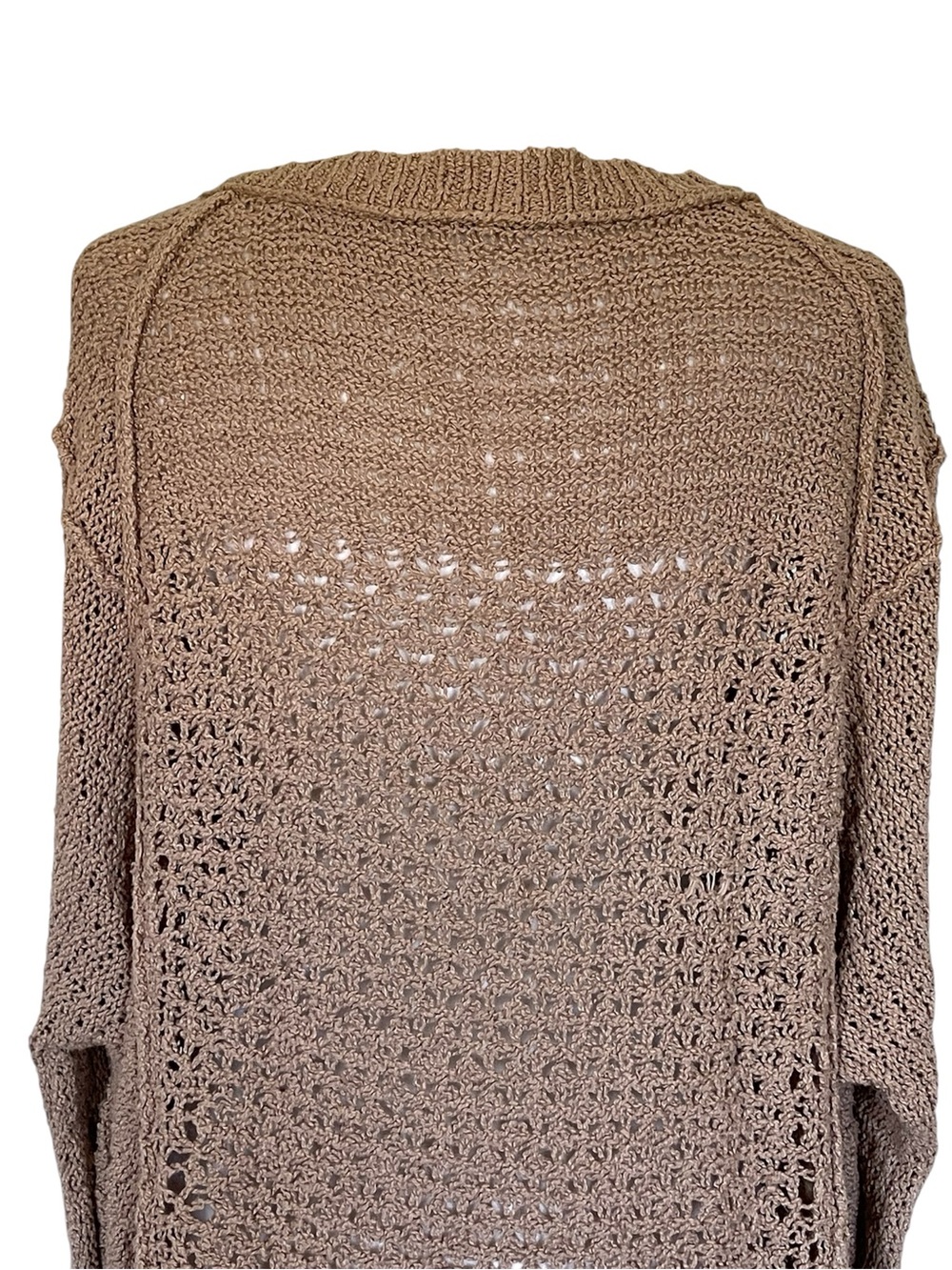 Free People Baja Laguna Coast Oversized Crochet Open Knit Tan V-Neck Sweater - Picture 7 of 10